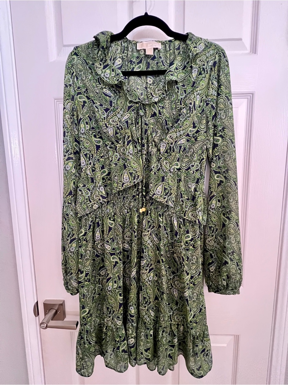 Michael Kors Green Paisley Tie-Front Long Sleeve Dress